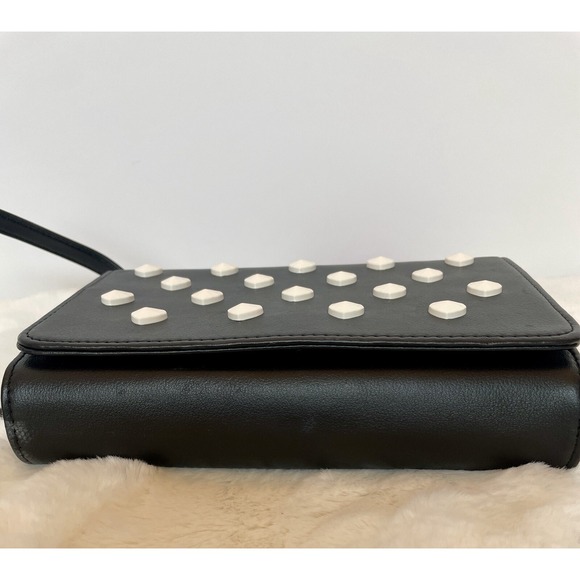 Betsey Johnson XOSYBIL Black Faux Leather Crossbody Bag White Heart Studs - Picture 4 of 11